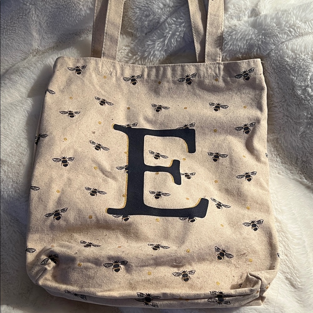 Fat Face Cream Tote Bag with Bee and Letter Print 15x13x2 inches